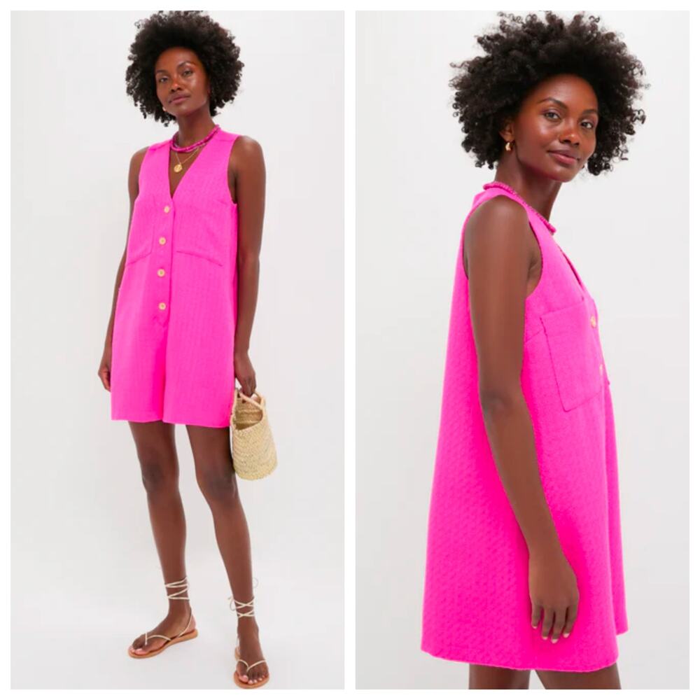 Tuckernuck Myla Hot Pink Tweed Romper XL Sleeveless Button Front NWT